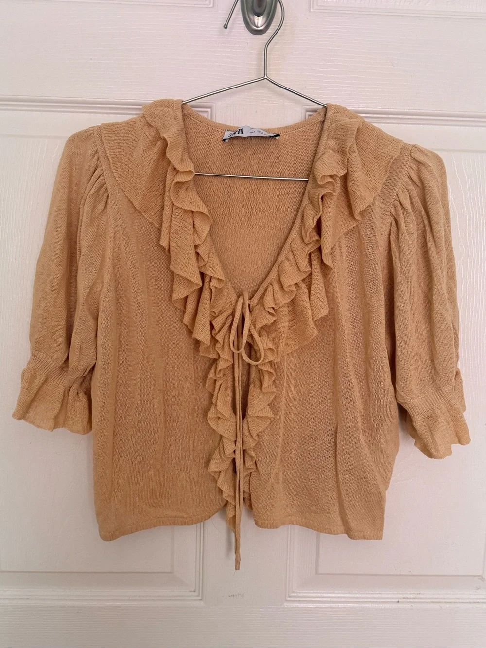 Zara Peach Ruffled Knit Tie Front Top Puff Sleeve Size Small Cottagecore